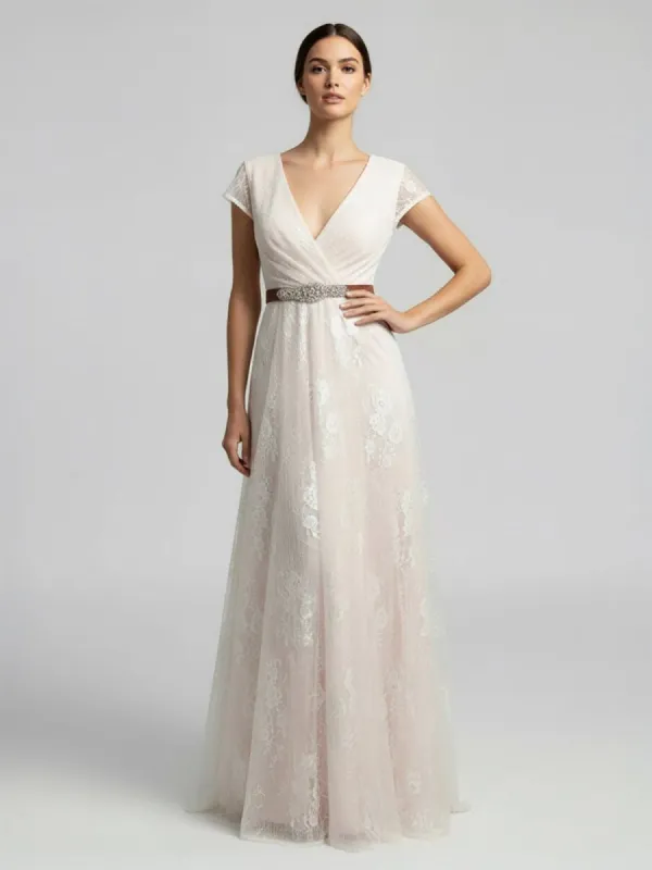 Short Sleeve V-neck Pleated Long Lace Wedding Dress made by KissProm