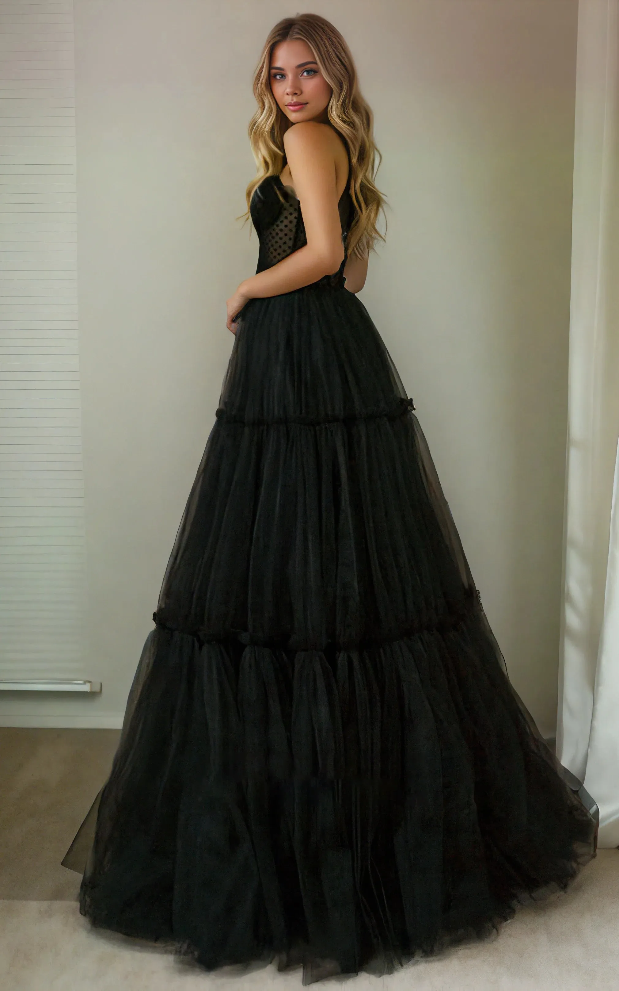 A-Line Adorable Sweetheart Black Spaghetti Corset Back Beach Simple Ruching Tulle Sweep Train Wedding Dress sold by KissProm product image thumbnail 2