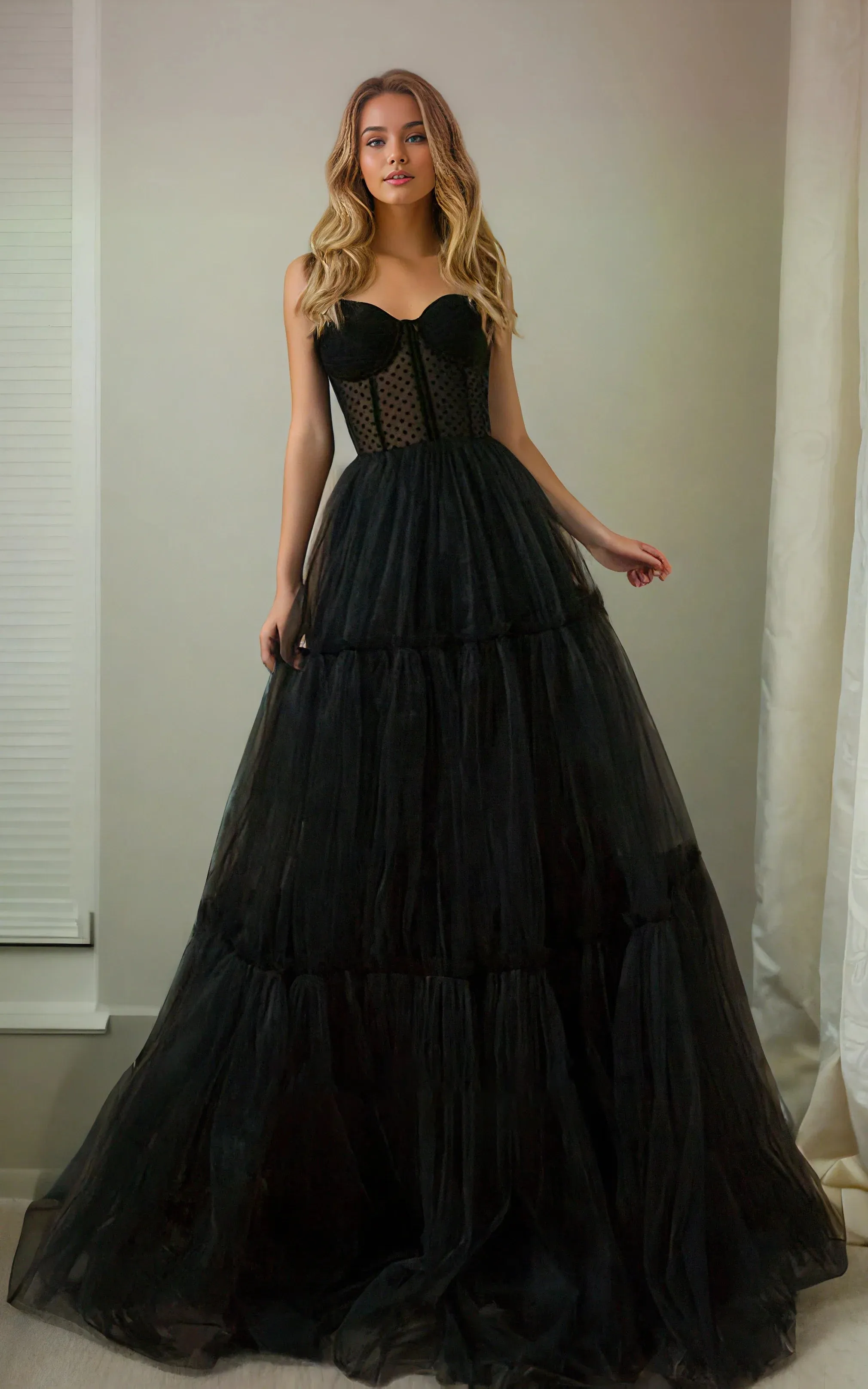 A-Line Adorable Sweetheart Black Spaghetti Corset Back Beach Simple Ruching Tulle Sweep Train Wedding Dress sold by KissProm
