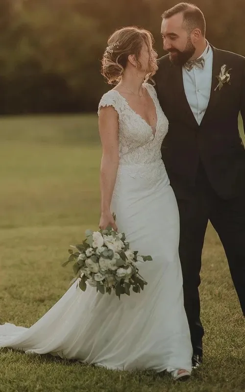 Sheath V-neck Chiffon Modern Wedding Dress With Short Sleeve And Sweep Train made by KissProm