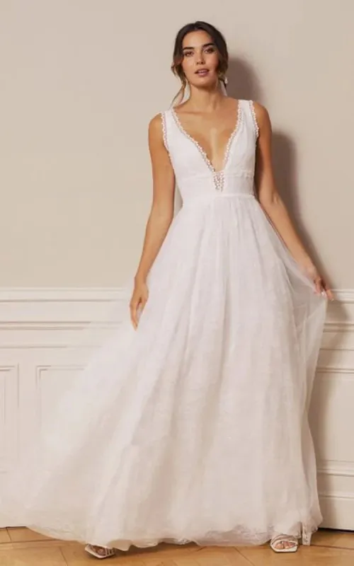 Bohemian Lace Tulle Plunging Neckline A Line Floor-length Deep-V Back Wedding Dress made by KissProm