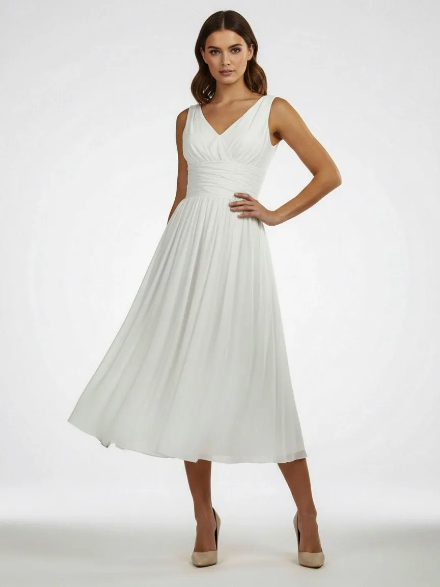 V-Neck Sleeveless Tea-Length Chiffon Wedding Dress With Ruching And Low-V Back sold by KissProm product image thumbnail 3