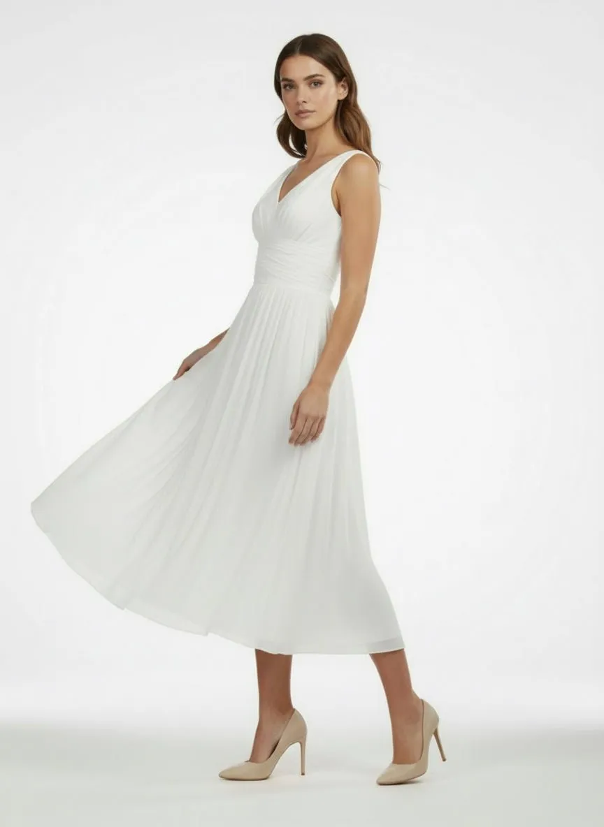 V-Neck Sleeveless Tea-Length Chiffon Wedding Dress With Ruching And Low-V Back sold by KissProm product image thumbnail 4