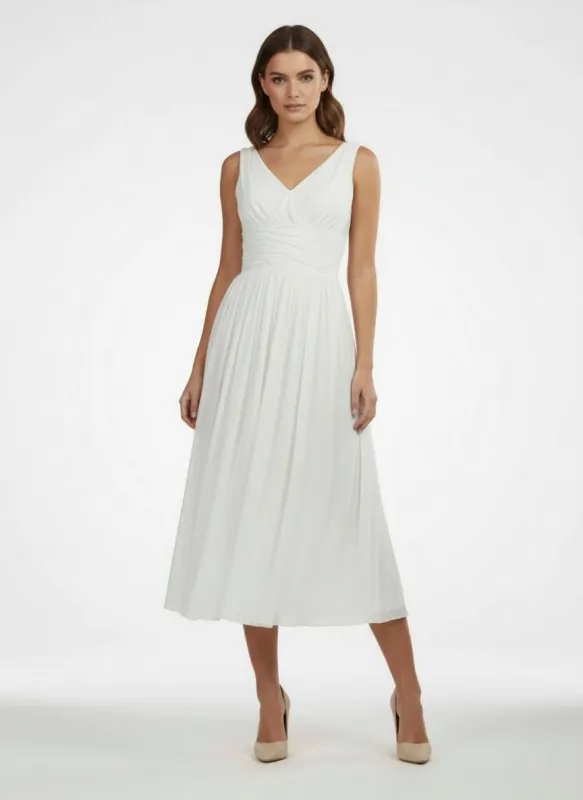 V-Neck Sleeveless Tea-Length Chiffon Wedding Dress With Ruching And Low-V Back made by KissProm
