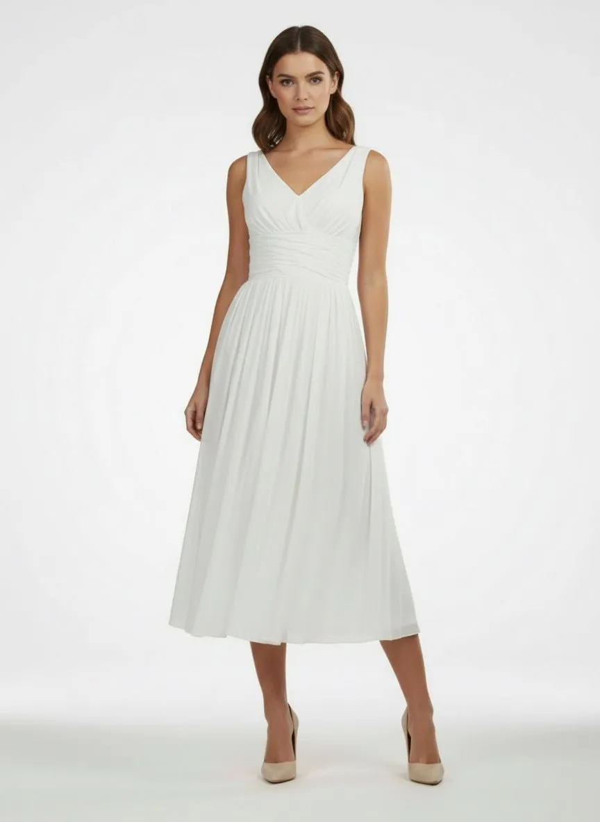 V-Neck Sleeveless Tea-Length Chiffon Wedding Dress With Ruching And Low-V Back sold by KissProm