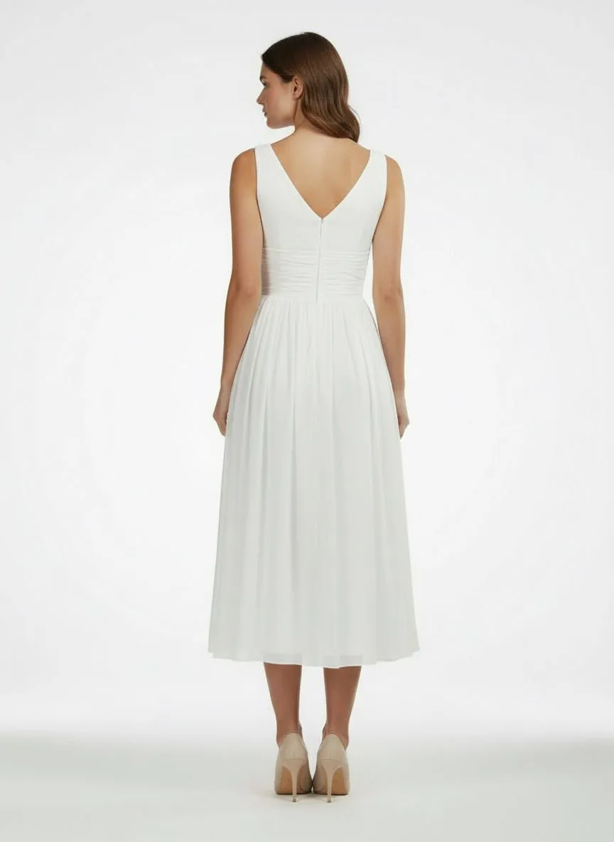 V-Neck Sleeveless Tea-Length Chiffon Wedding Dress With Ruching And Low-V Back sold by KissProm product image thumbnail 5