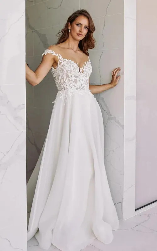A-Line V-Neck Chiffon Floor Length Wedding Dress With Appliques made by KissProm