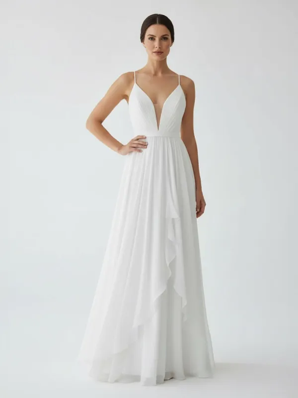 A-Line V Neck Straps Spaghetti Sheath Chiffon Wedding Dress made by KissProm
