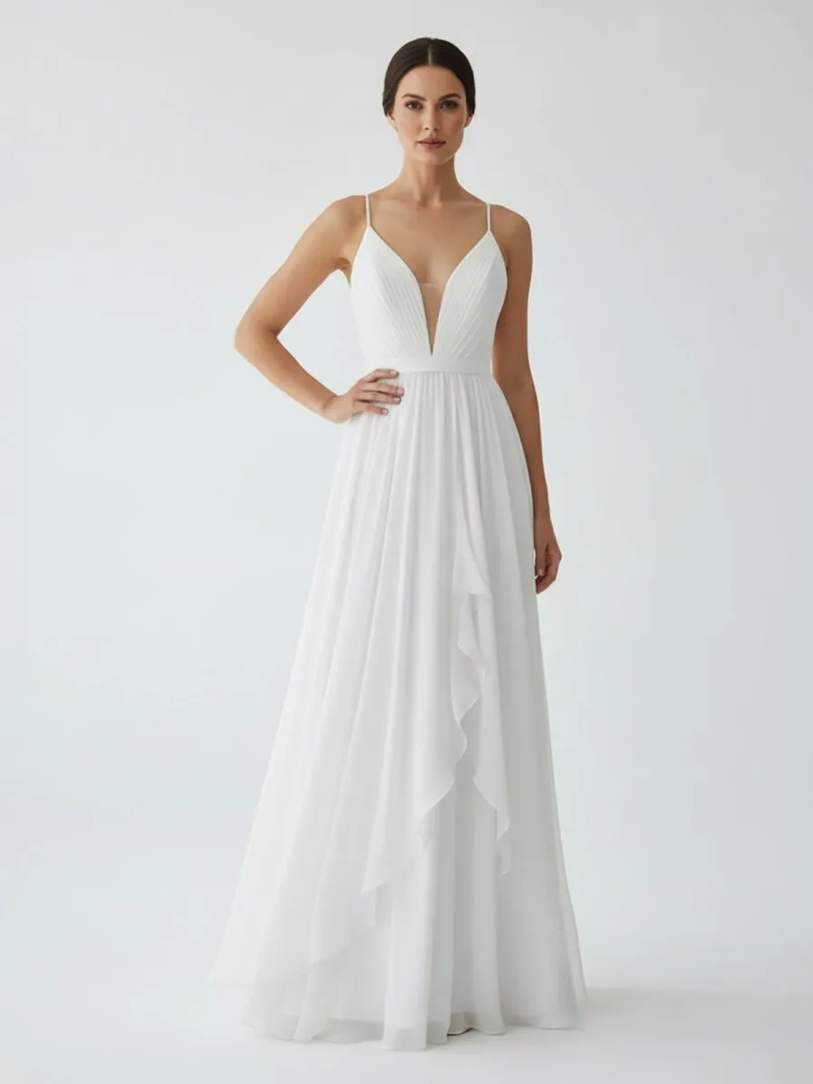 A-Line V Neck Straps Spaghetti Sheath Chiffon Wedding Dress sold by KissProm