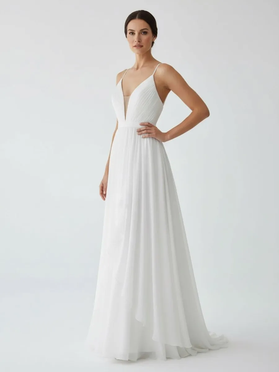 A-Line V Neck Straps Spaghetti Sheath Chiffon Wedding Dress sold by KissProm product image thumbnail 3