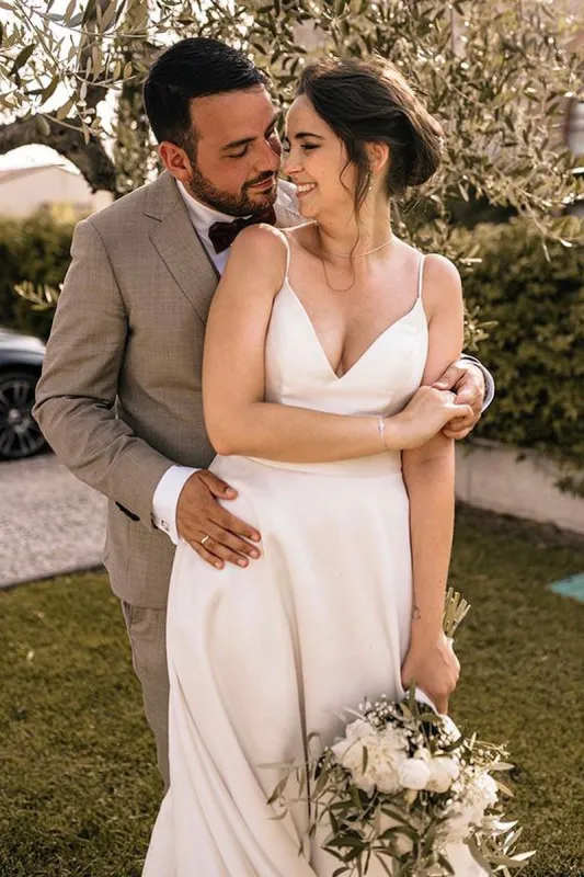 Elegant A Line V Neck Straps Satin Wedding Dresses made by KissProm