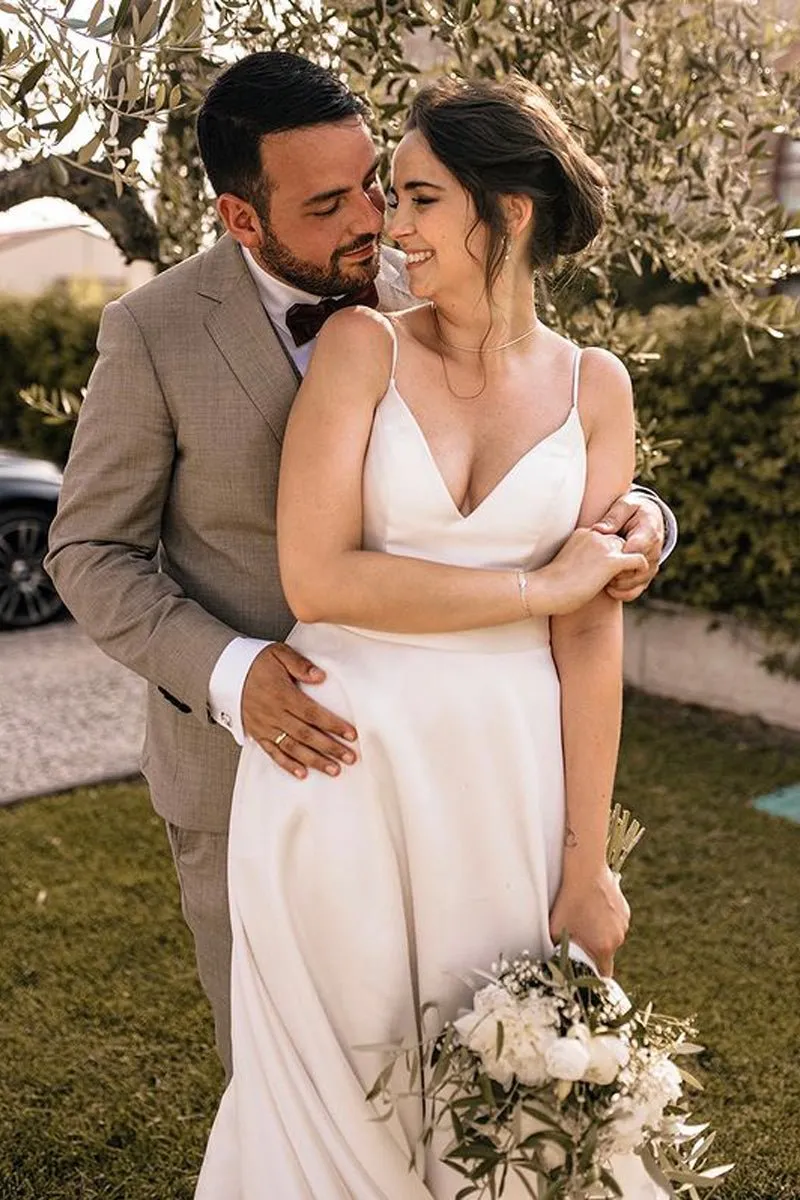 Elegant A Line V Neck Straps Satin Wedding Dresses sold by KissProm