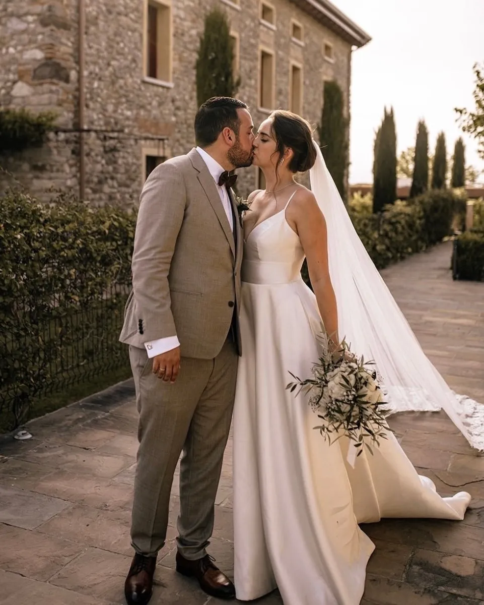 Elegant A Line V Neck Straps Satin Wedding Dresses sold by KissProm product image thumbnail 2