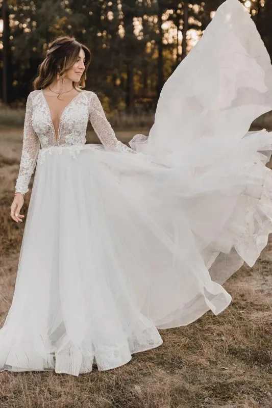 Elegant A Line V Neck Tulle Wedding Dresses with Lace made by KissProm