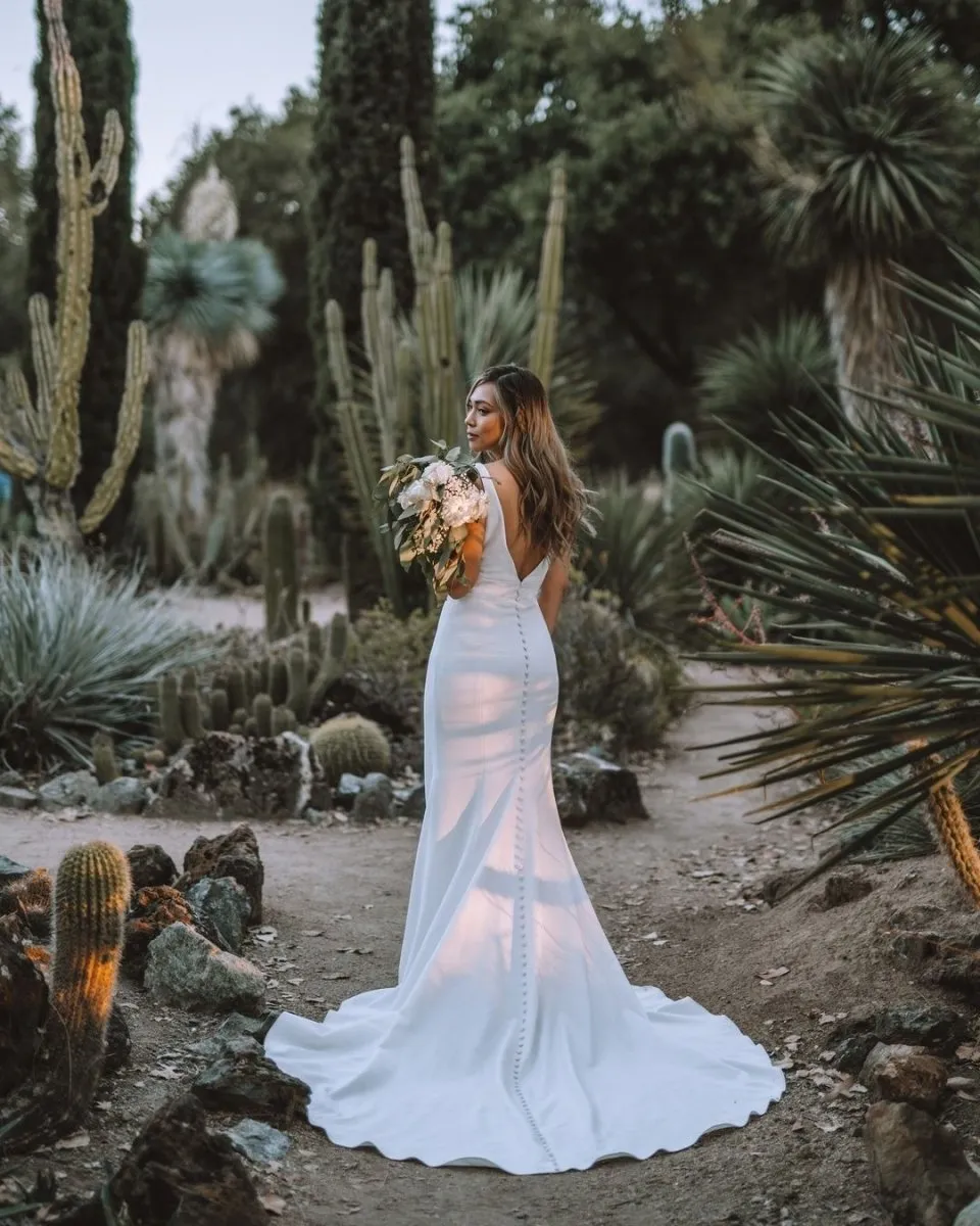 Elegant Mermaid V Neck Satin Long Wedding Dresses with Train sold by KissProm product image thumbnail 3