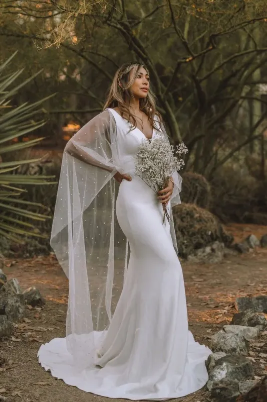 Elegant Mermaid V Neck Satin Long Wedding Dresses with Train made by KissProm