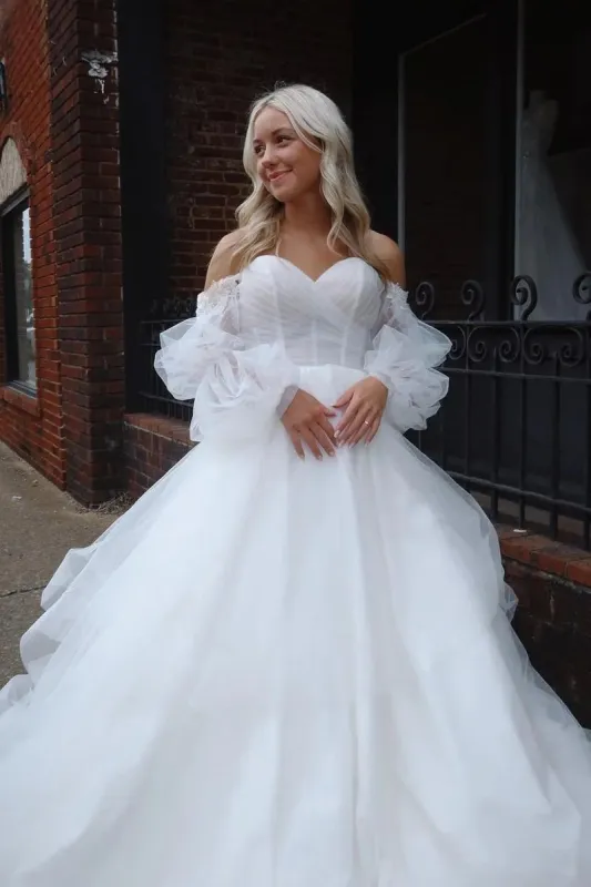 Fairy Ball Gown Sweetheart Tulle Long Wedding Dresses with Ruffled Sleeves made by KissProm