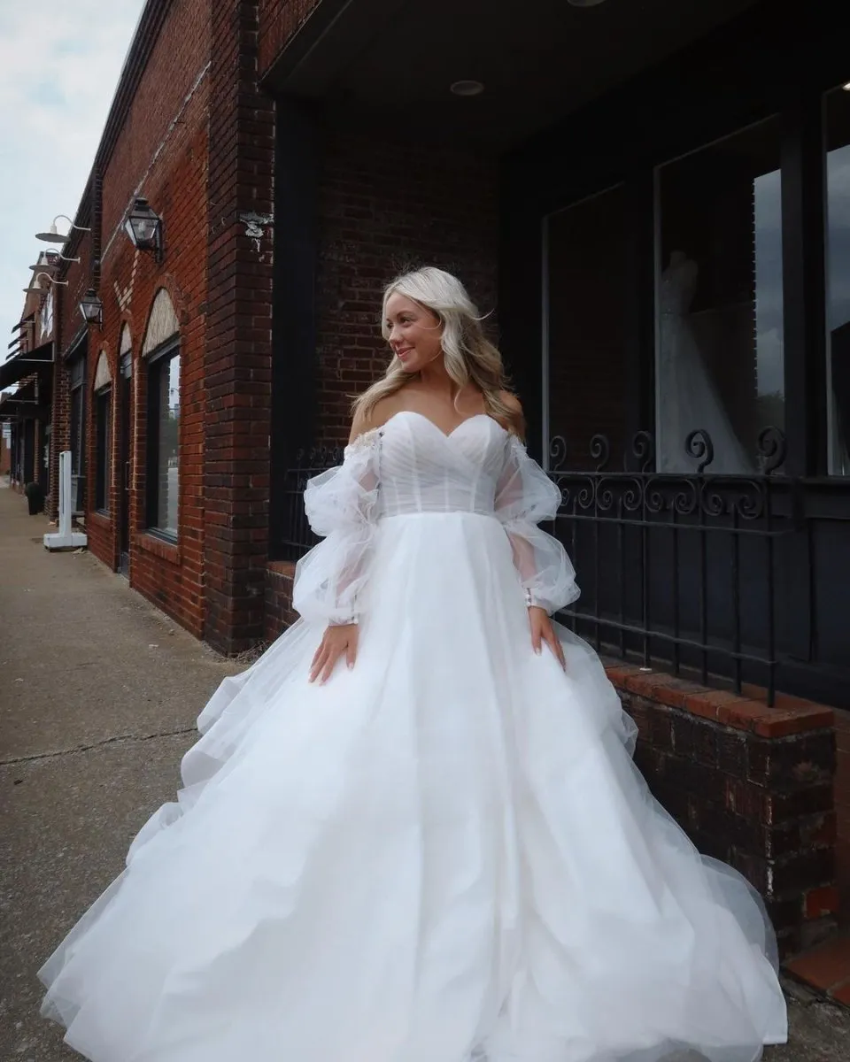Fairy Ball Gown Sweetheart Tulle Long Wedding Dresses with Ruffled Sleeves sold by KissProm product image thumbnail 2