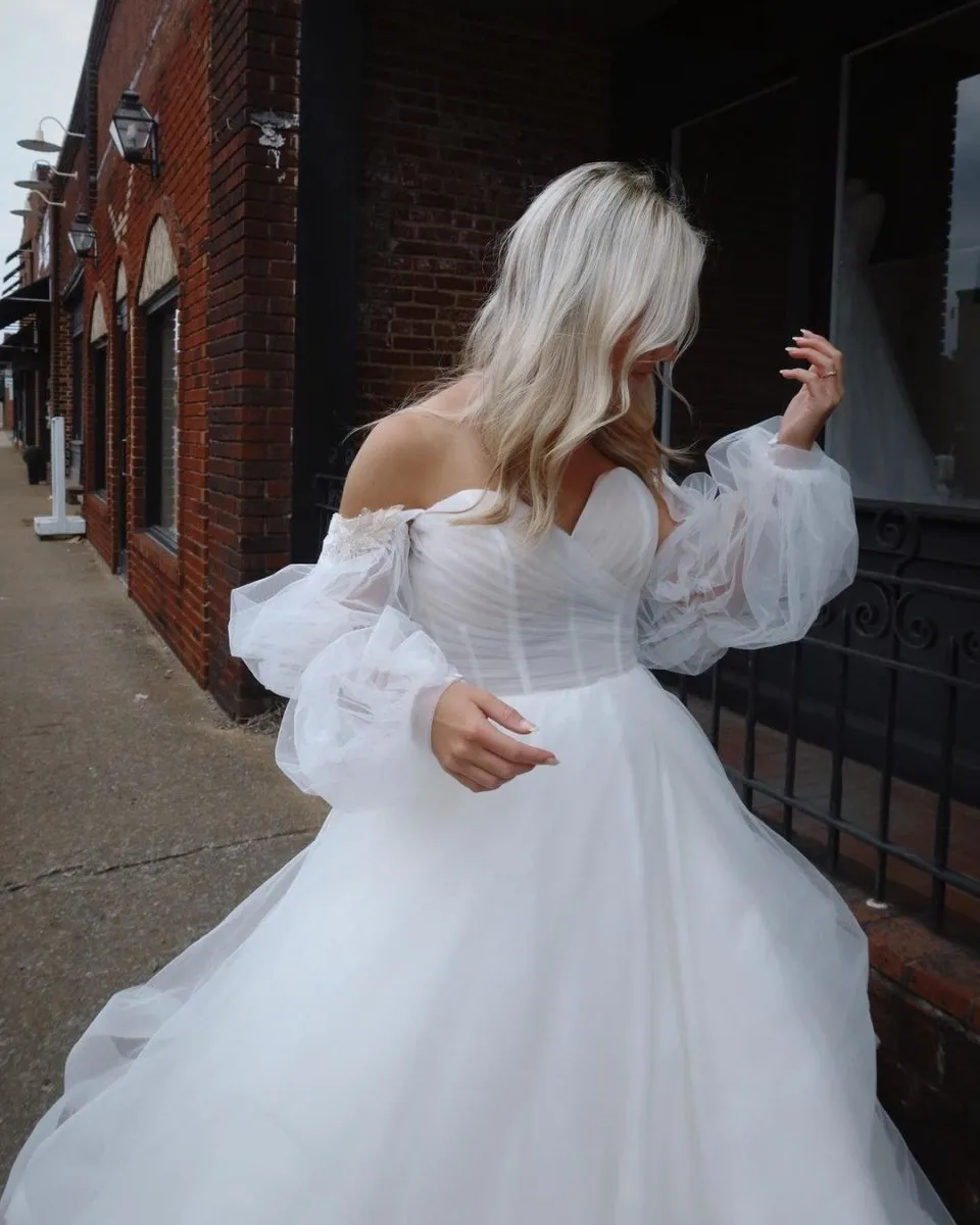 Fairy Ball Gown Sweetheart Tulle Long Wedding Dresses with Ruffled Sleeves sold by KissProm product image thumbnail 3