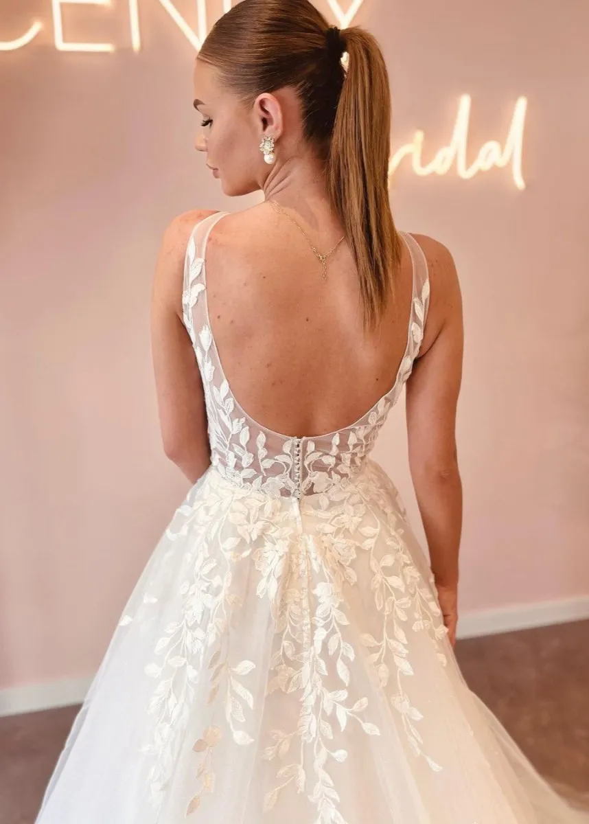 Elegant A Line V Neck Tulle Wedding Dresses with Appliques sold by KissProm product image thumbnail 3