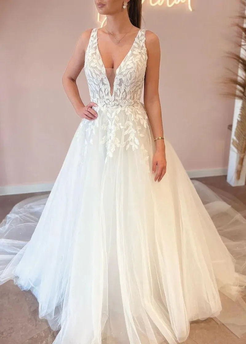 Elegant A Line V Neck Tulle Wedding Dresses with Appliques sold by KissProm