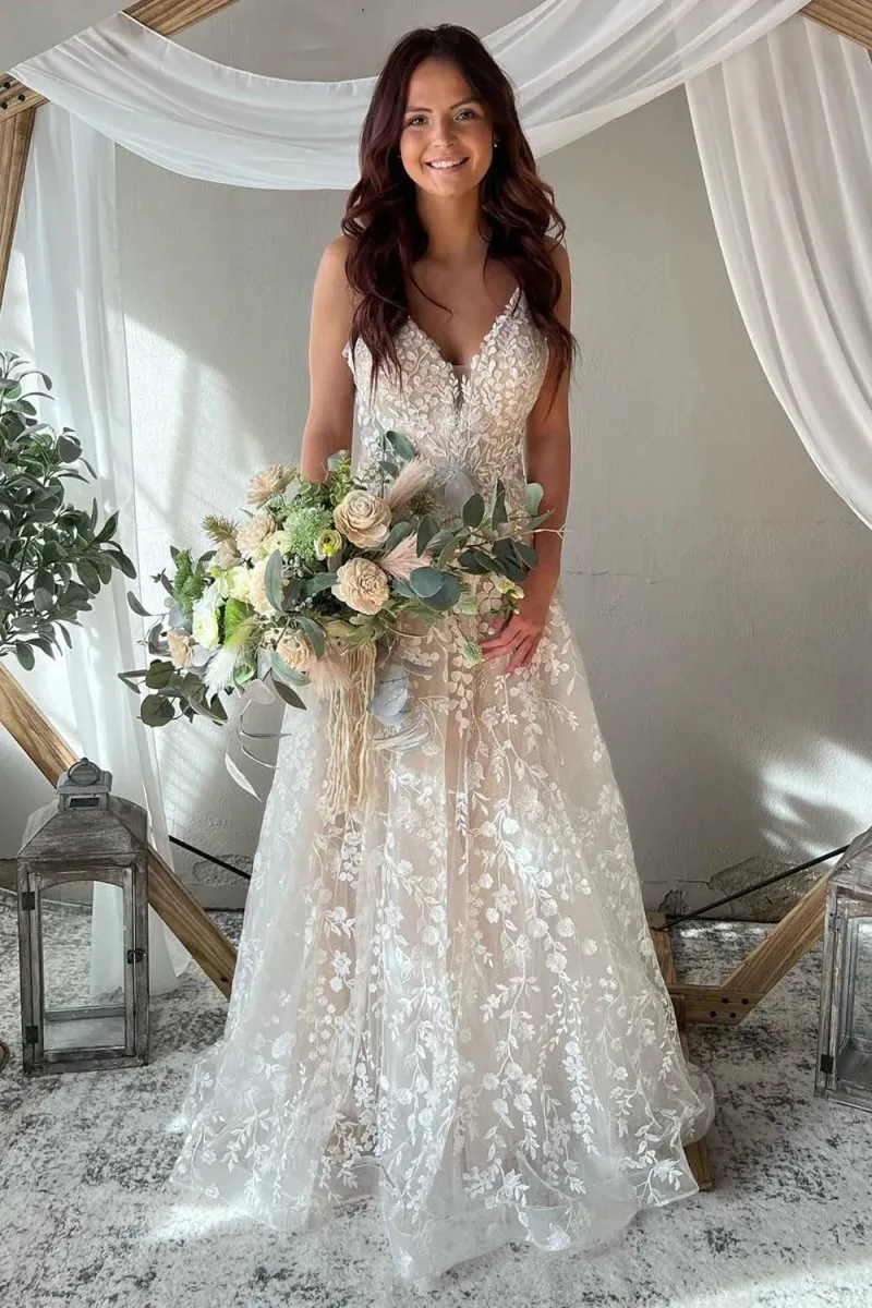 Exquisite A-Line V Neck Lace Boho Wedding Dresses sold by KissProm