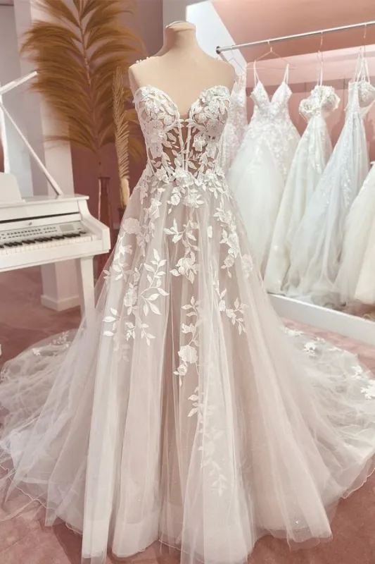 Fairy A Line Sweetheart Tulle Long Wedding Dresses with Appliques made by KissProm