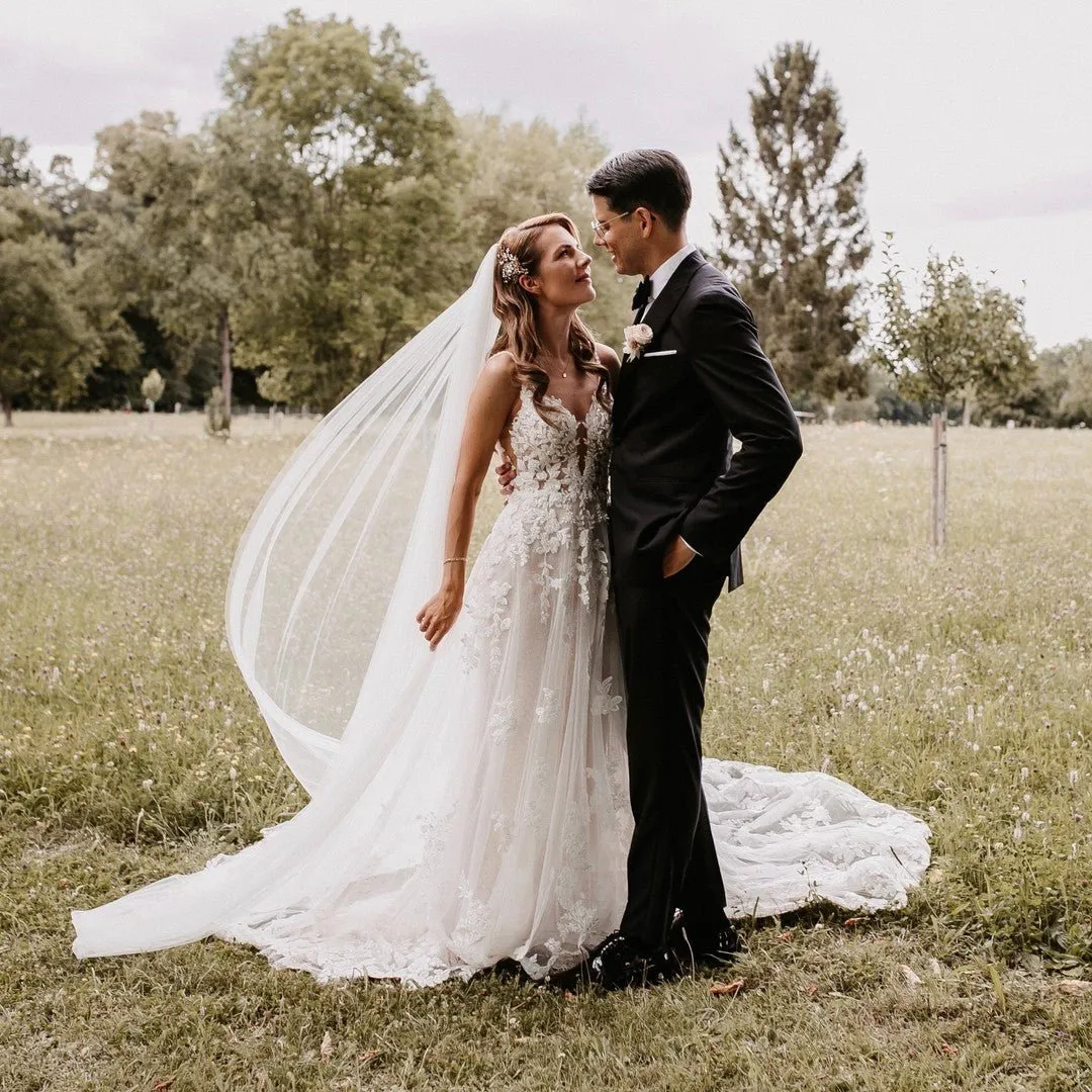Charming A Line V Neck Tulle Wedding Dresses with Appliques sold by KissProm product image thumbnail 3