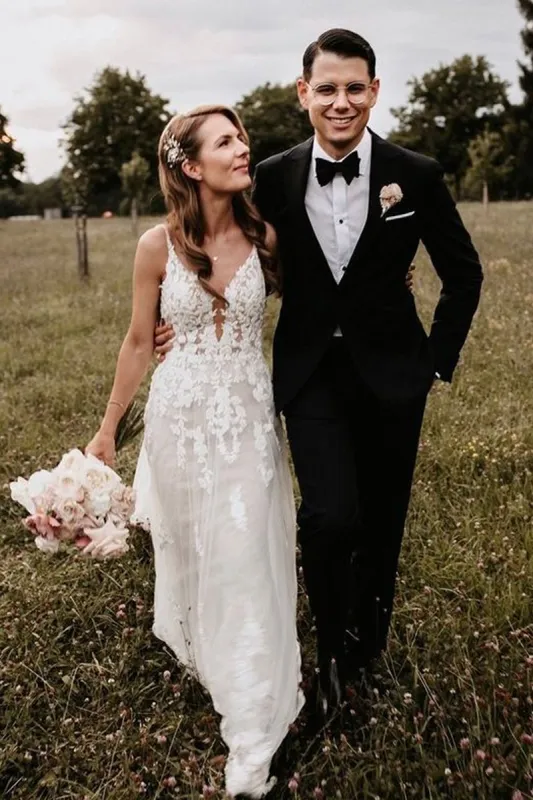 Charming A Line V Neck Tulle Wedding Dresses with Appliques made by KissProm