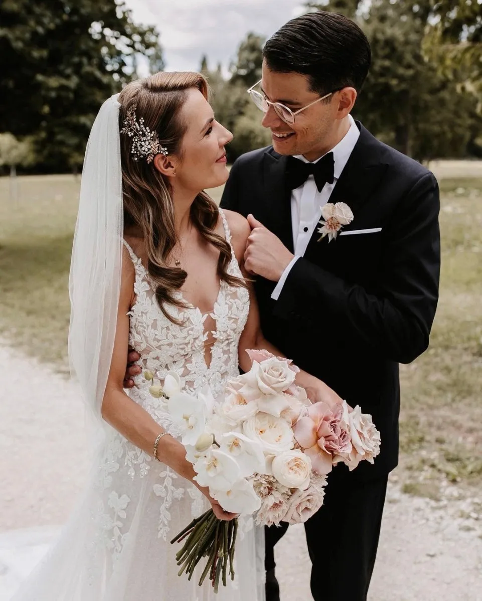 Charming A Line V Neck Tulle Wedding Dresses with Appliques sold by KissProm product image thumbnail 2