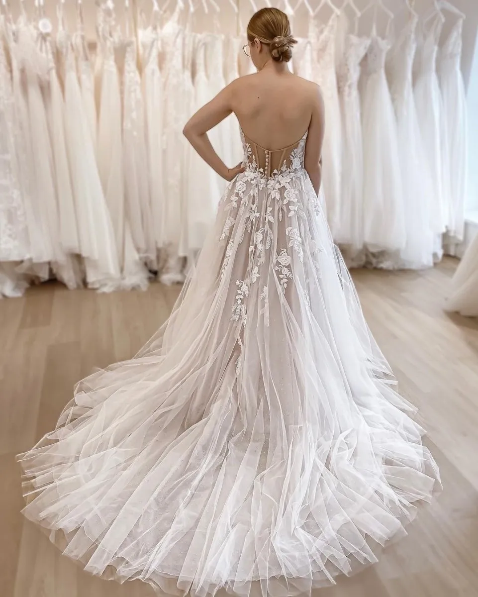 Charming A Line Sweetheart Tulle Wedding Dresses with Lace sold by KissProm product image thumbnail 2