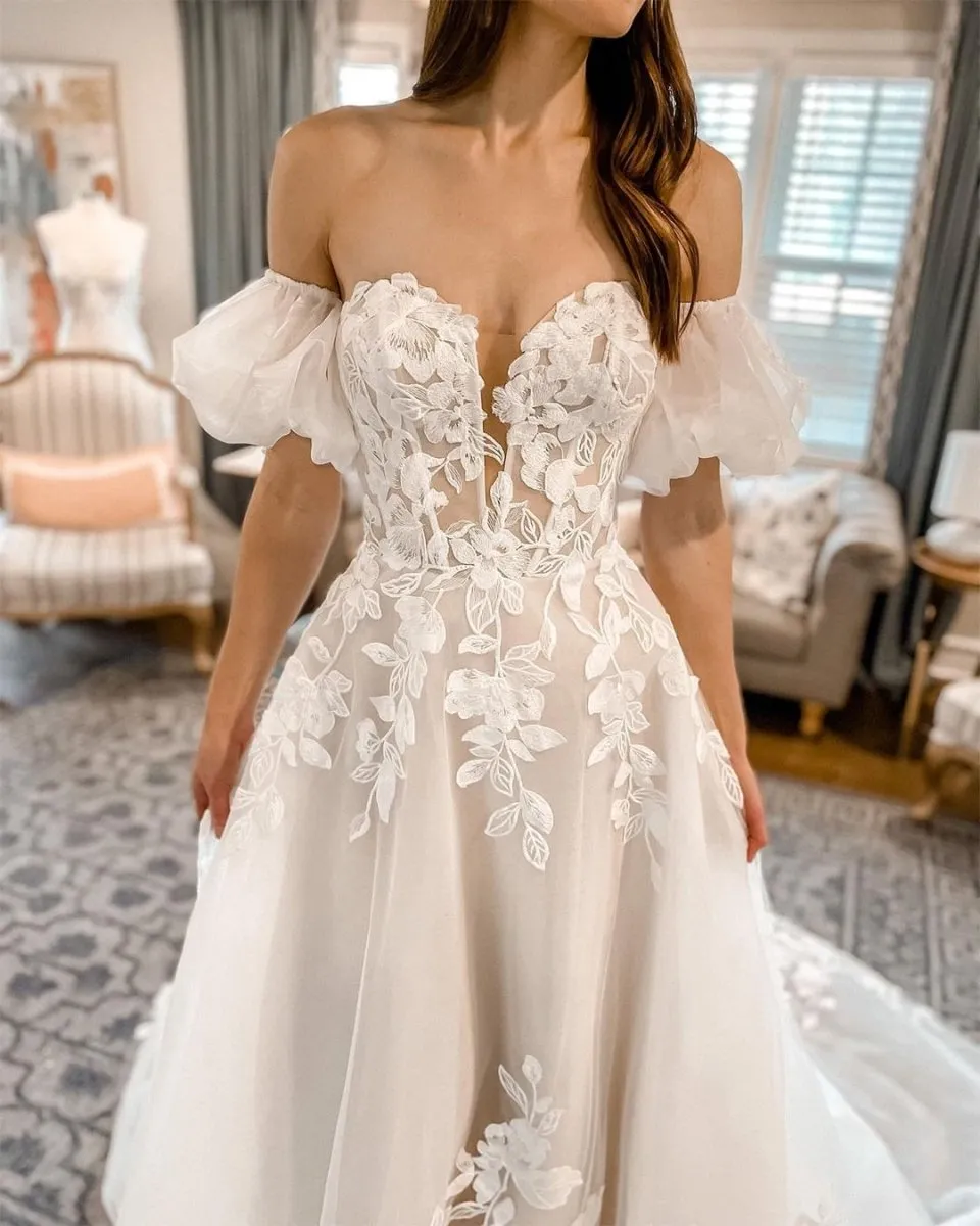 Cute A Line Sweetheart Tulle Wedding Dresses with Lace sold by KissProm product image thumbnail 3