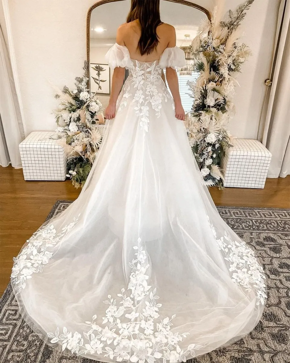 Cute A Line Sweetheart Tulle Wedding Dresses with Lace sold by KissProm product image thumbnail 4