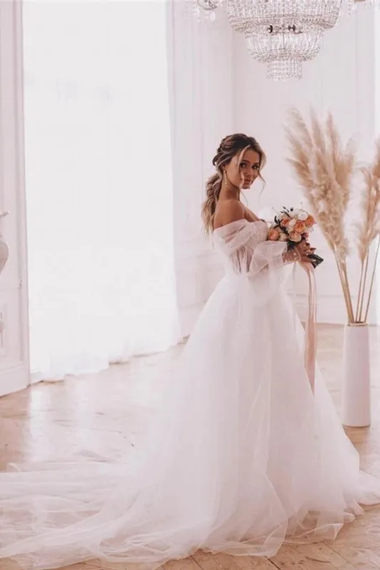 Boho A-Line Wedding Dresses Detachable Long Puff Sleeve made by KissProm
