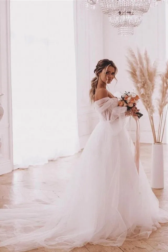 Boho A-Line Wedding Dresses Detachable Long Puff Sleeve sold by KissProm