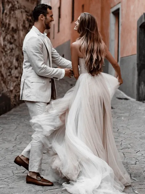 A-Line Sweetheart Tulle Long Wedding Dresses sold by KissProm product image thumbnail 4