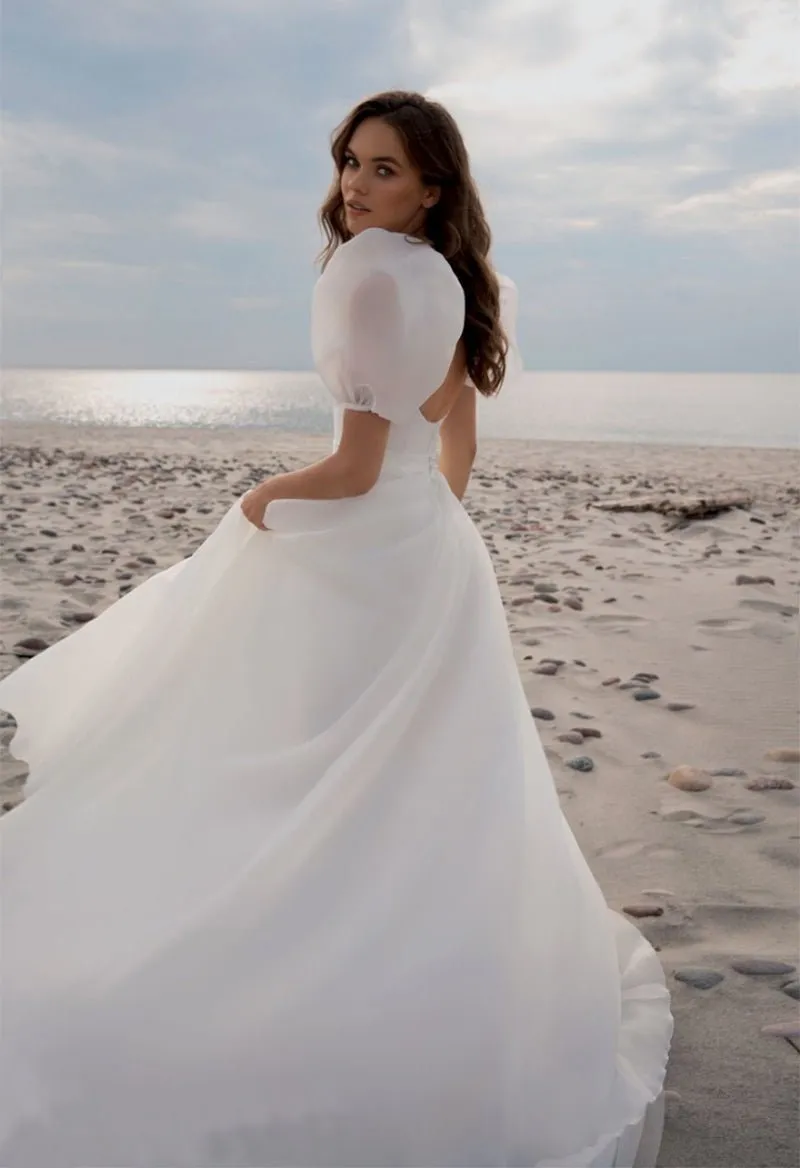 Charming A-Line Square Neck Short Sleeves Wedding Dresses with Train sold by KissProm product image thumbnail 2