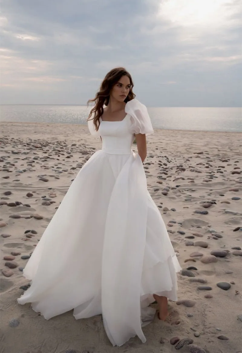 Charming A-Line Square Neck Short Sleeves Wedding Dresses with Train sold by KissProm product image thumbnail 3