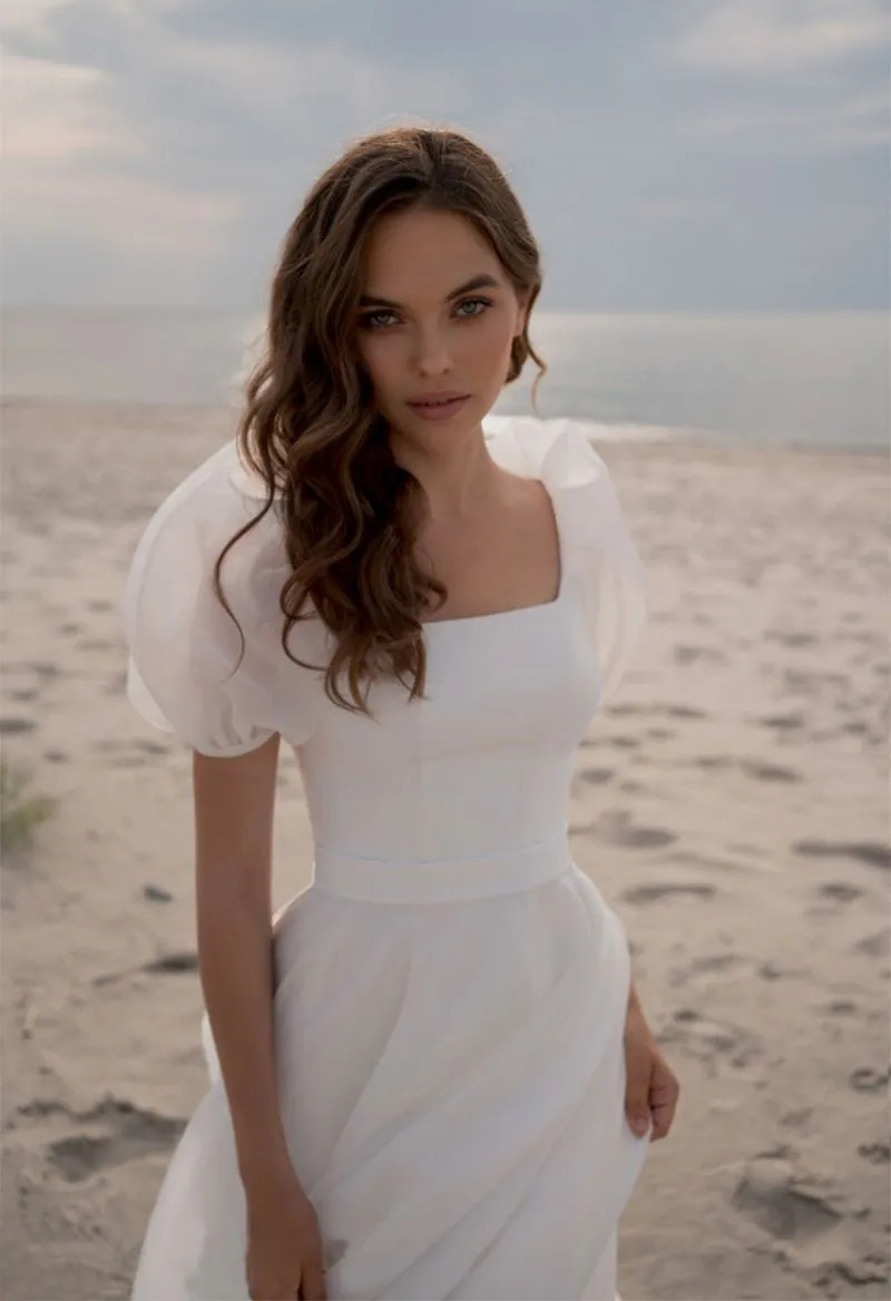 Charming A-Line Square Neck Short Sleeves Wedding Dresses with Train sold by KissProm product image thumbnail 4