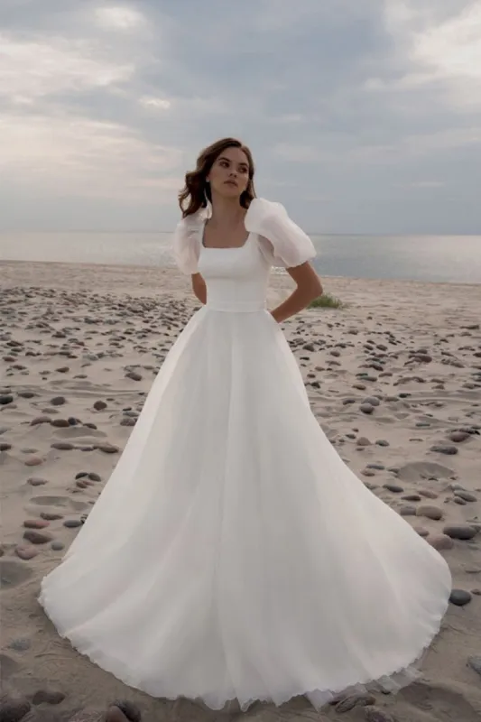Charming A-Line Square Neck Short Sleeves Wedding Dresses with Train made by KissProm