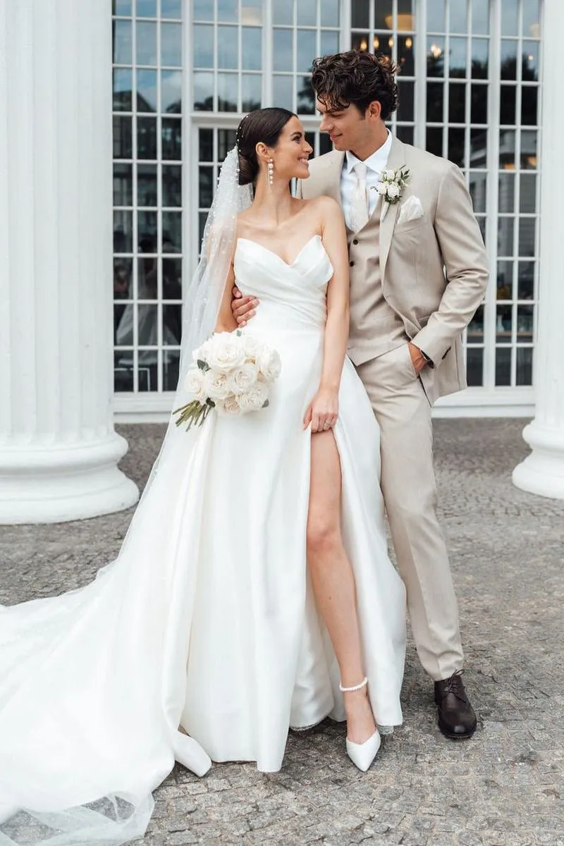 Elegant A-Line Strapless White Satin Wedding Dresses With Slit sold by KissProm product image thumbnail 2