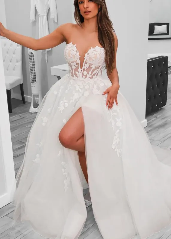 A-Line Sweetheart Tulle Wedding Dresses With Slit made by KissProm