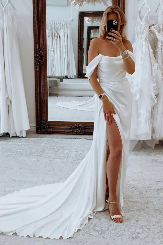 Simple White Long Boho Mermaid Wedding Dress with Slit made by KissProm