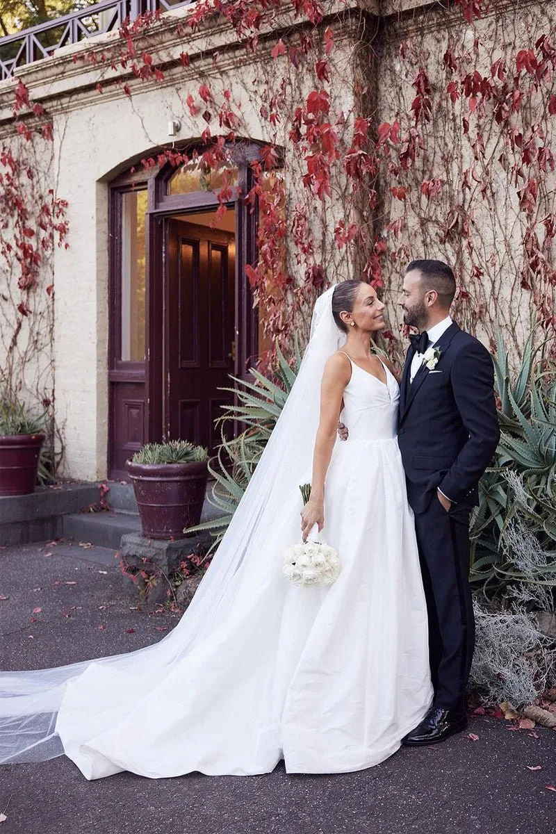 A-Line White Satin Spaghetti Straps Backless Wedding Dresses sold by KissProm