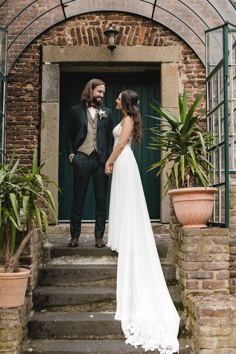 Boho A-Line V Neck Chiffon Wedding Dresses with Appliques sold by KissProm product image thumbnail 4