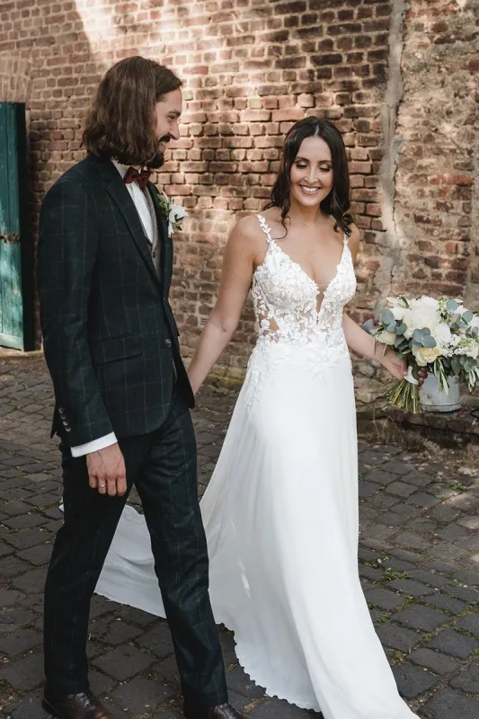 Boho A-Line V Neck Chiffon Wedding Dresses with Appliques made by KissProm