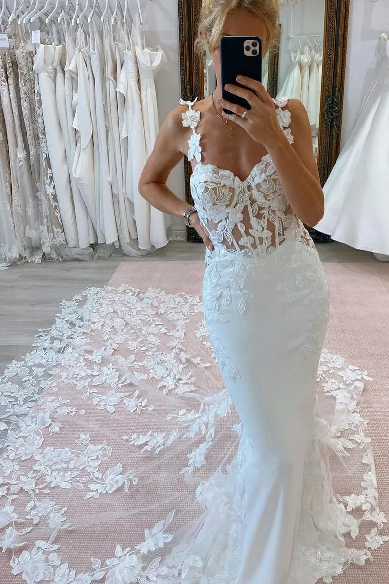 Mermaid Sweetheart Floral Straps Satin Wedding Dresses with Appliques sold by KissProm