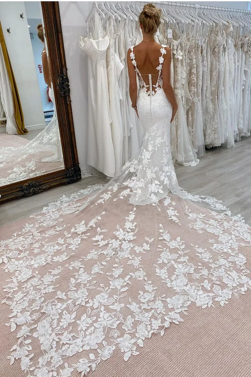 Mermaid Sweetheart Floral Straps Satin Wedding Dresses with Appliques sold by KissProm product image thumbnail 2
