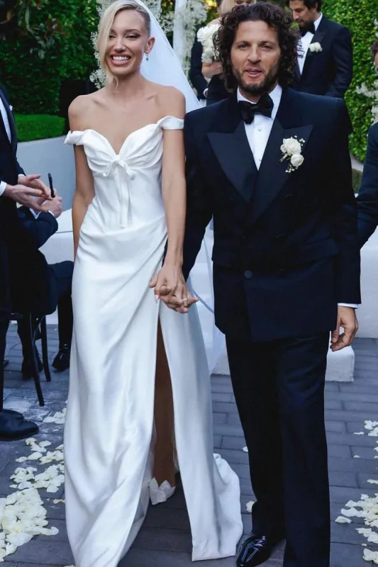 A-Line Simple Off the Shoulder White Satin Wedding Dresses made by KissProm