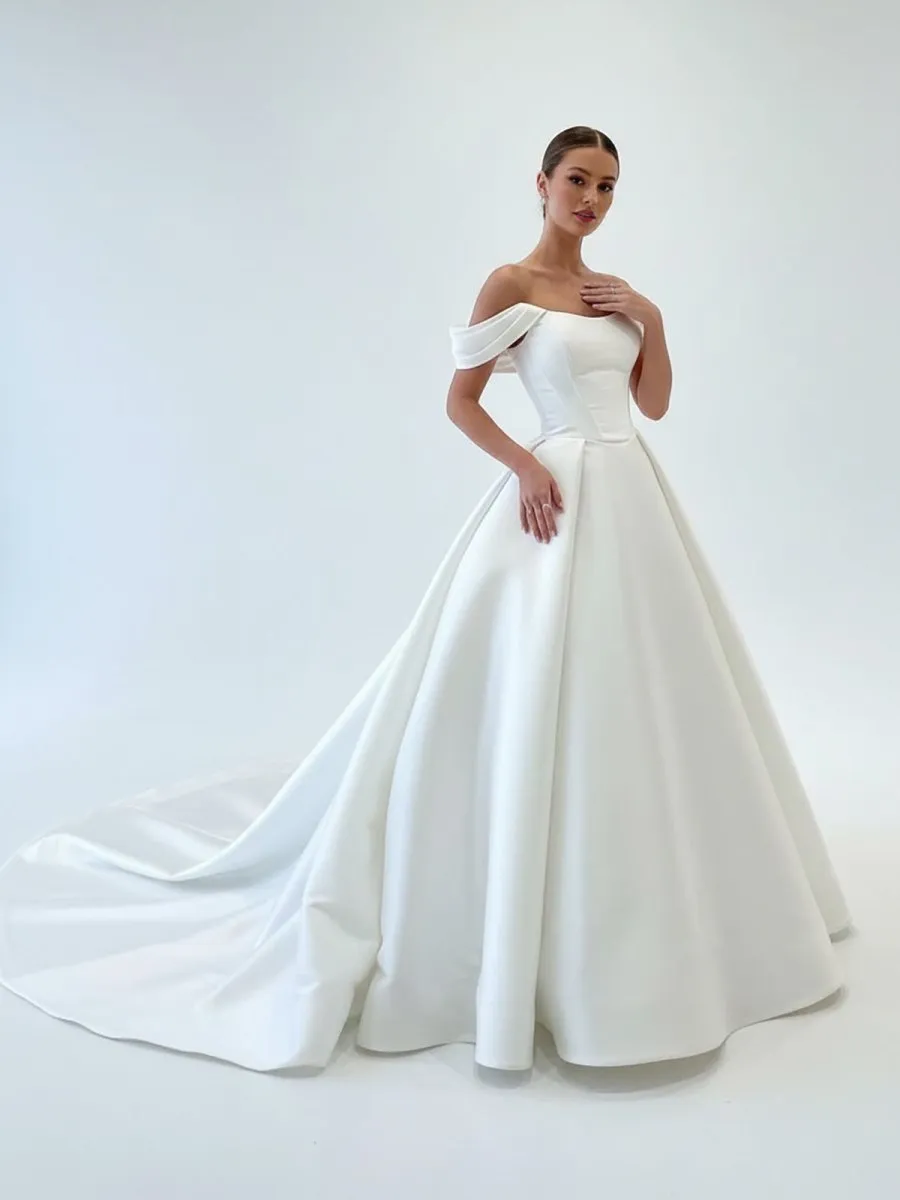 Elegant A-Line Off the Shoulder White Satin Wedding Dresses sold by KissProm product image thumbnail 3